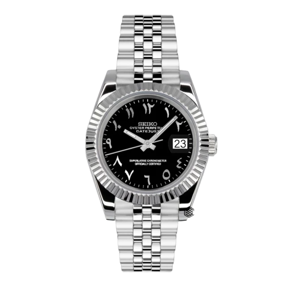 Seiko Mod Datejust – Chiffres Arabes – Cadran Noir – Automatique NH35 – Verre Saphir