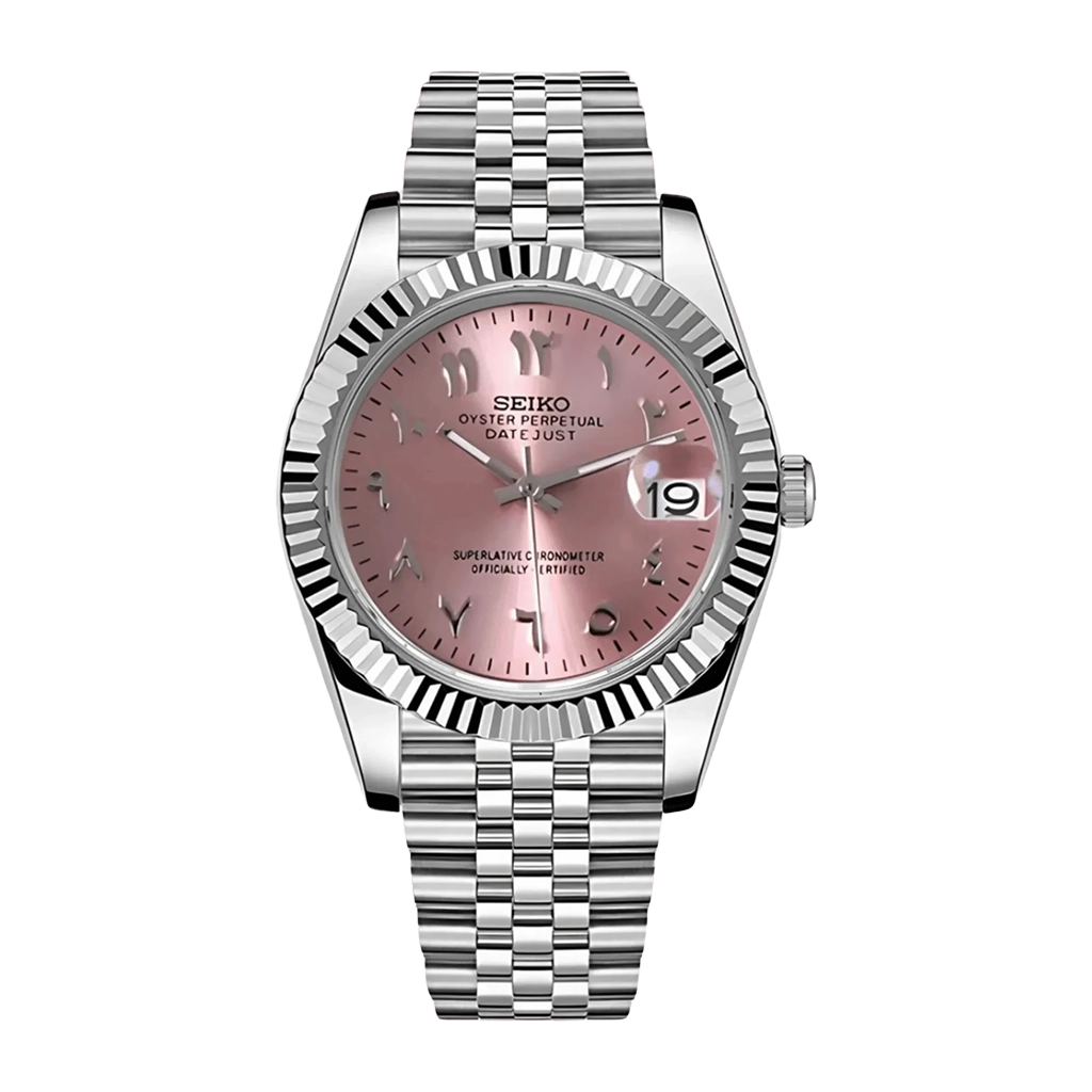 Seiko Mod Datejust – Chiffres Arabes – Cadran Rose – Automatique NH35 – Verre Saphir