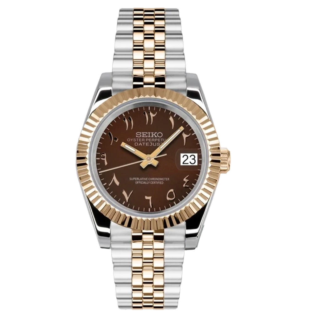 Seiko Mod Datejust – Chiffres Arabes – Or Jaune du Désert – Automatique NH35 – Verre Saphir