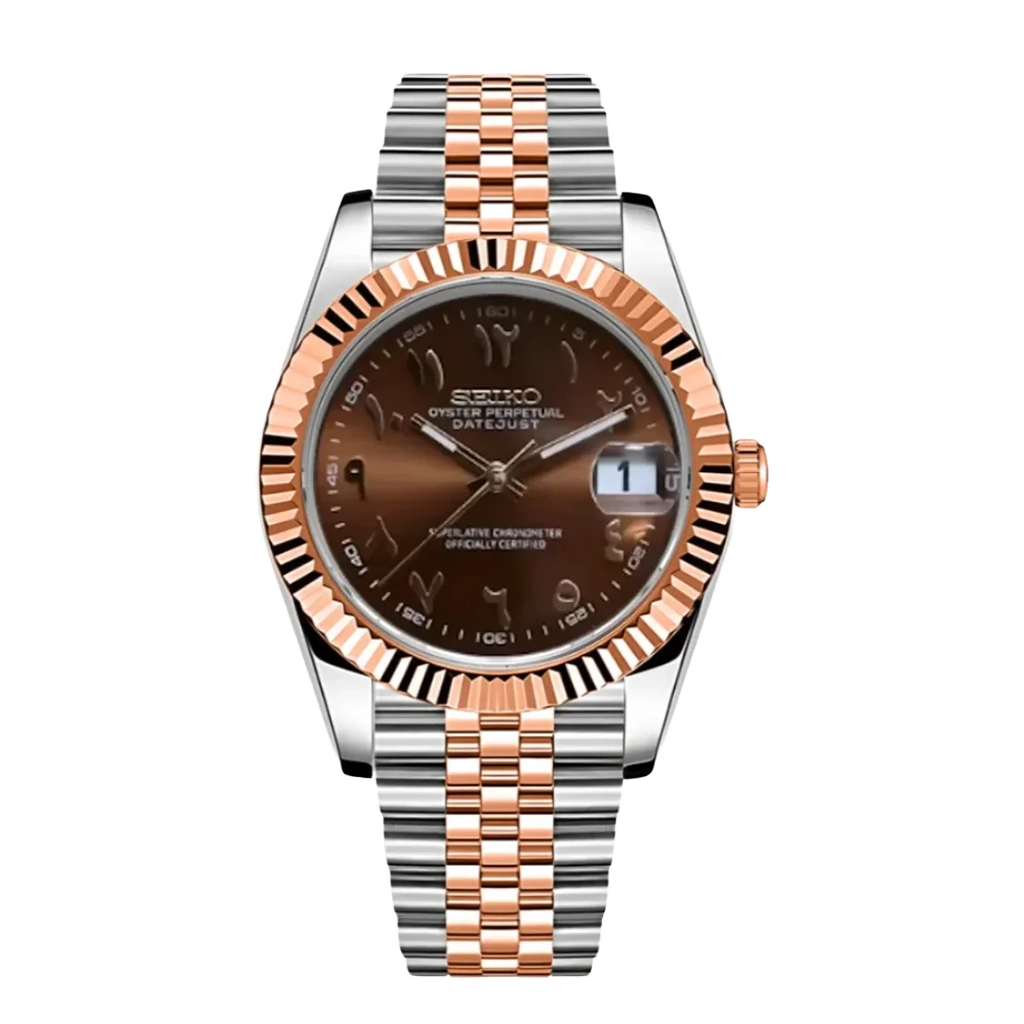 Seiko Mod Datejust – Chiffres Arabes – Or Rose du Désert – Automatique NH35 – Verre Saphir