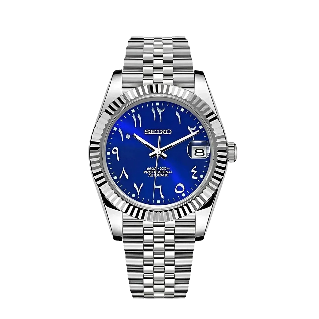 Seiko Mod Datejust – Chiffres Arabes – Cadran Bleu – Automatique NH35 – Verre Saphir
