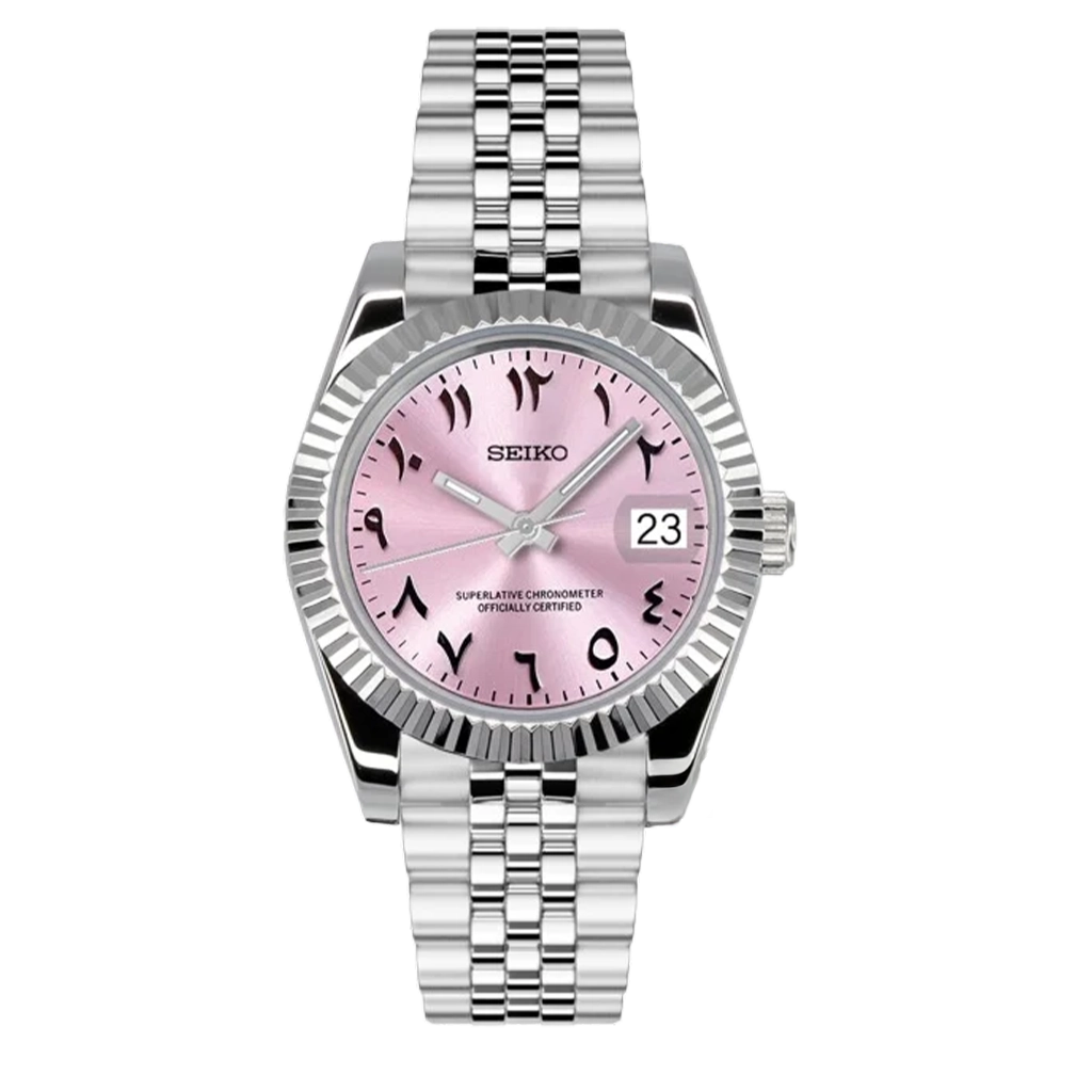 Seiko Mod Datejust – Chiffres Arabes – Élégance Rose – Automatique NH35 – Verre Saphir