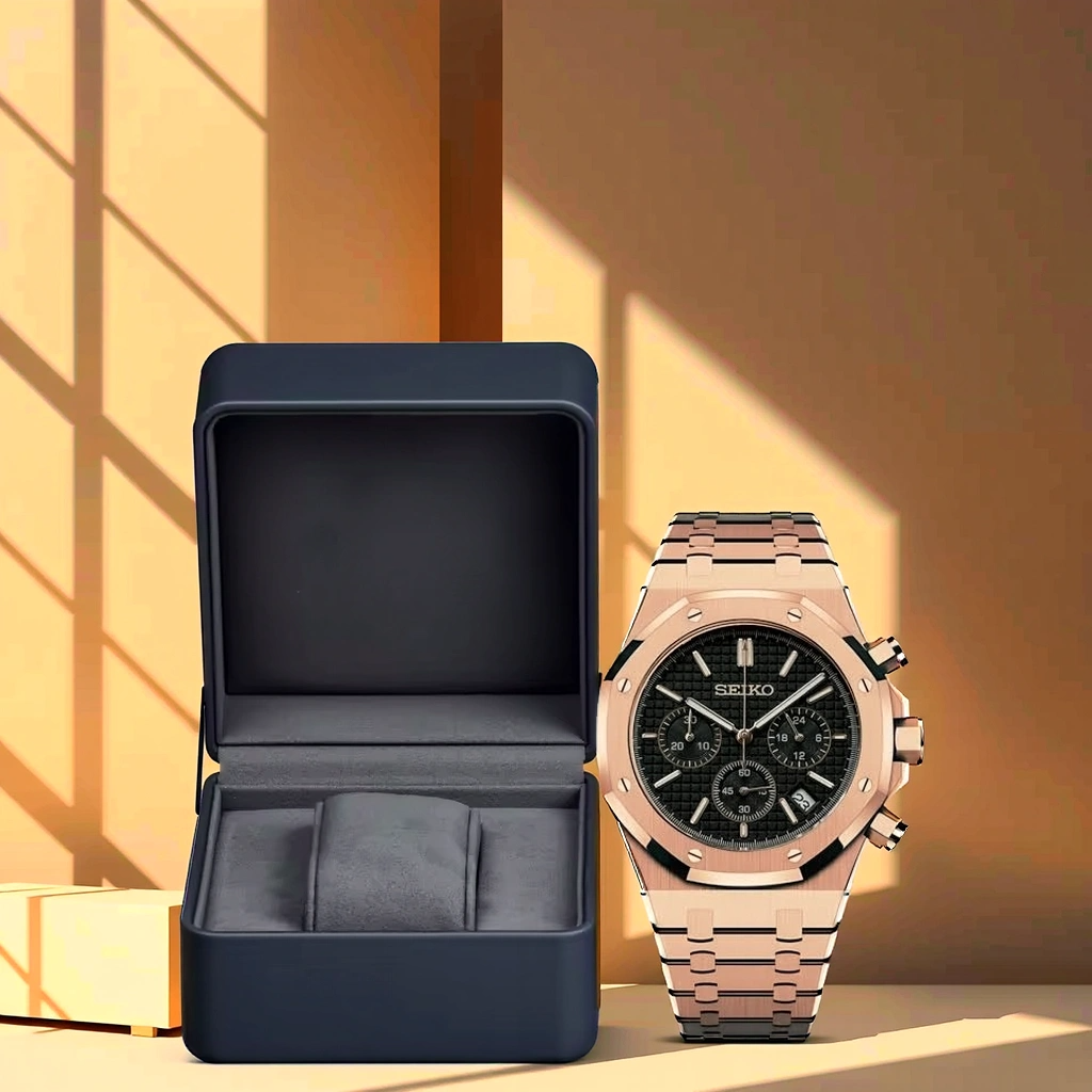 Seiko Mod Royal Oak - Or Rose - Cadran Noir Avec boite