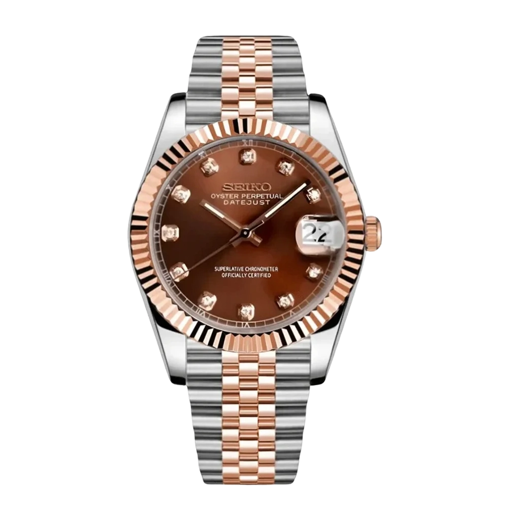 Seiko Mod Datejust – Acier & Or Rose – Diamant – Cadran Marron – Automatique NH35 – Verre Saphir
