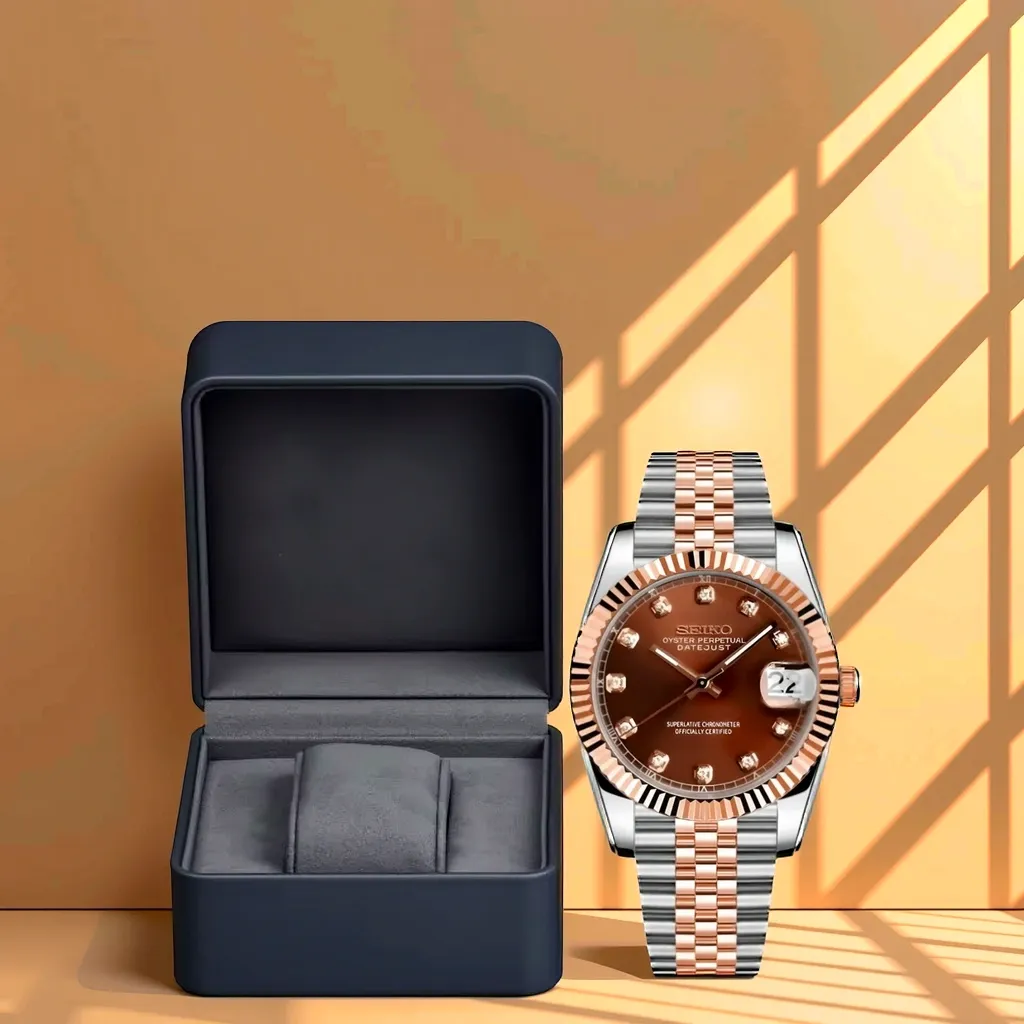 Seiko Mod Datejust - Acier & Or Rose - Diamand - Cadran Maron avec boite