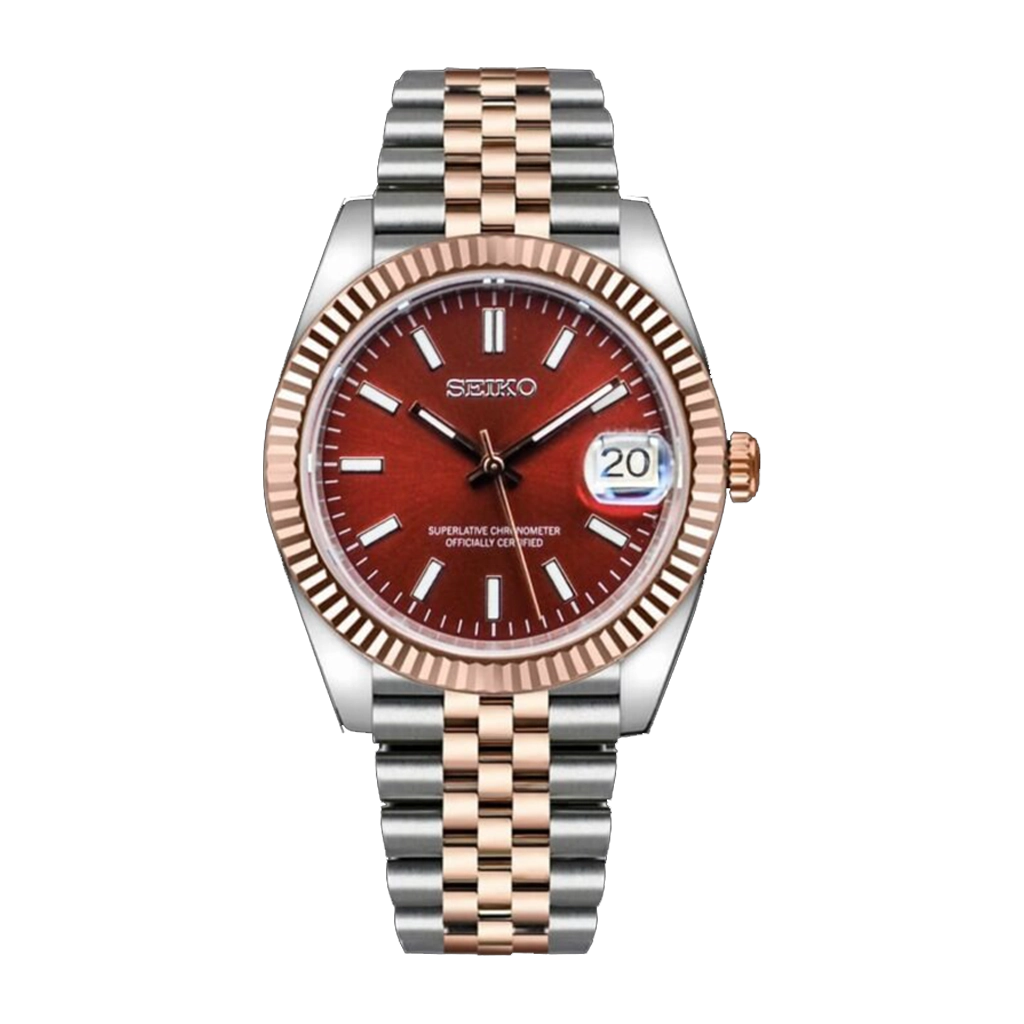 Seiko Mod Datejust – Acier & Or Rose – Écarlate Royal – Automatique NH35 – Verre Saphir