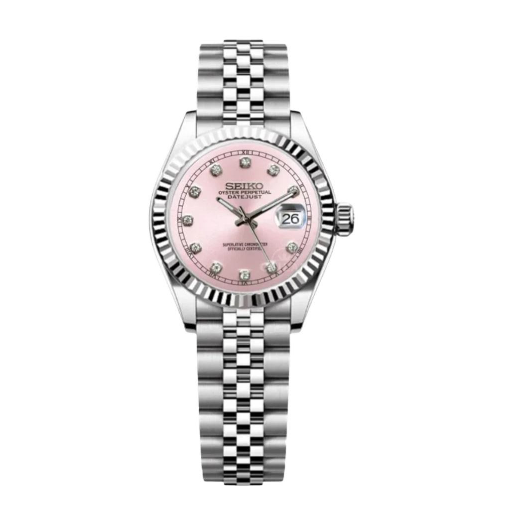 Seiko Mod Datejust Ultra Fine 26mm – NH05 – Acier – Cadran Rose Diamanté – Verre Saphir