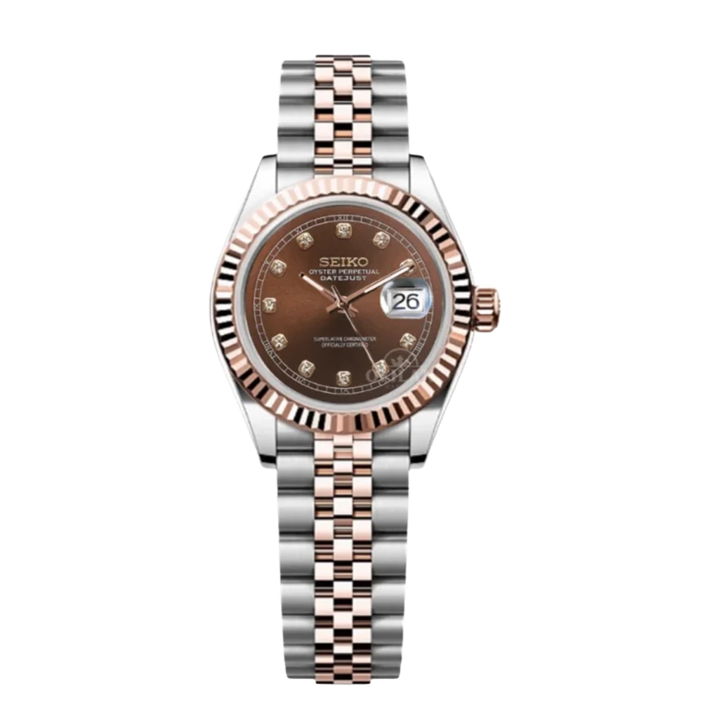 Seiko Mod Datejust Ultra Fine 26mm – NH05 – Bicolore Or Rose/Acier – Cadran Marron Diamanté – Verre Saphir