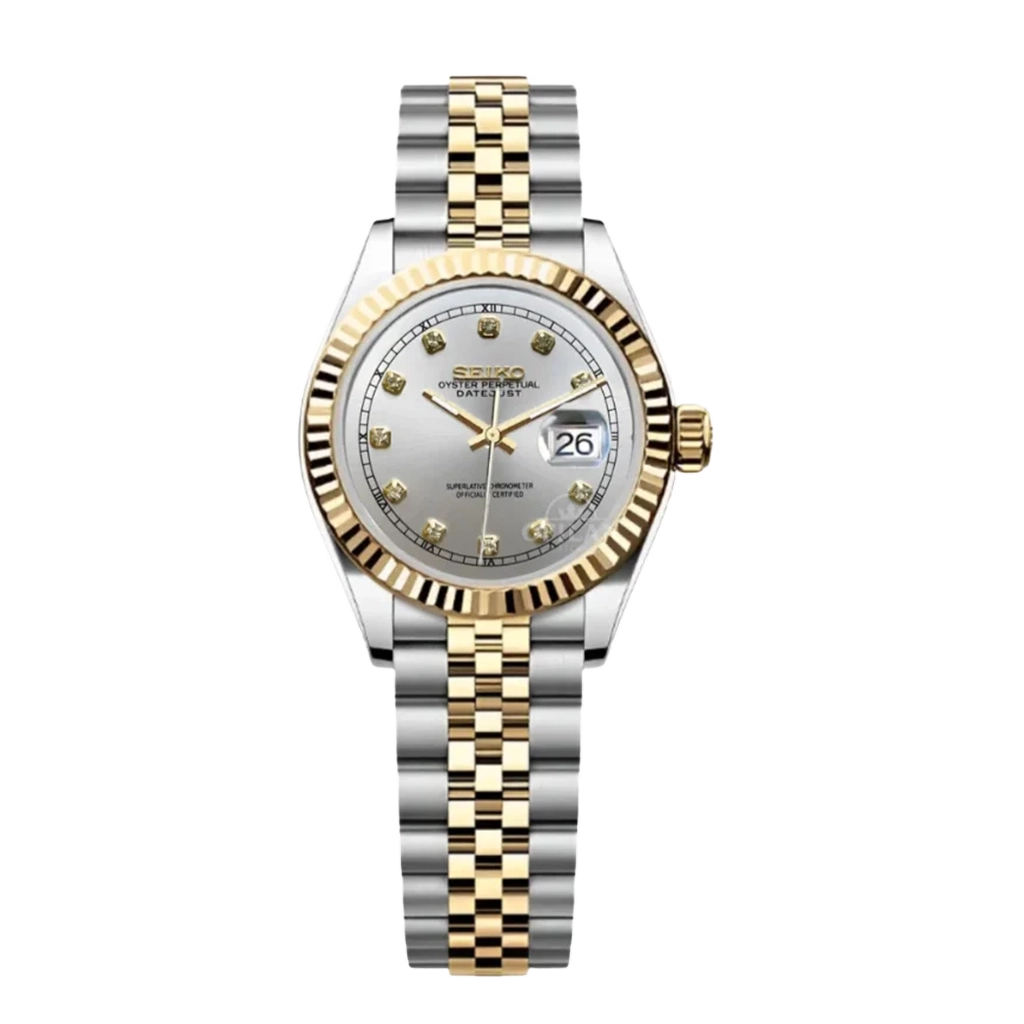 Seiko Mod Datejust Ultra Fine 26mm – NH05 – Bicolore Or/Acier – Cadran Argent Diamanté – Verre Saphir