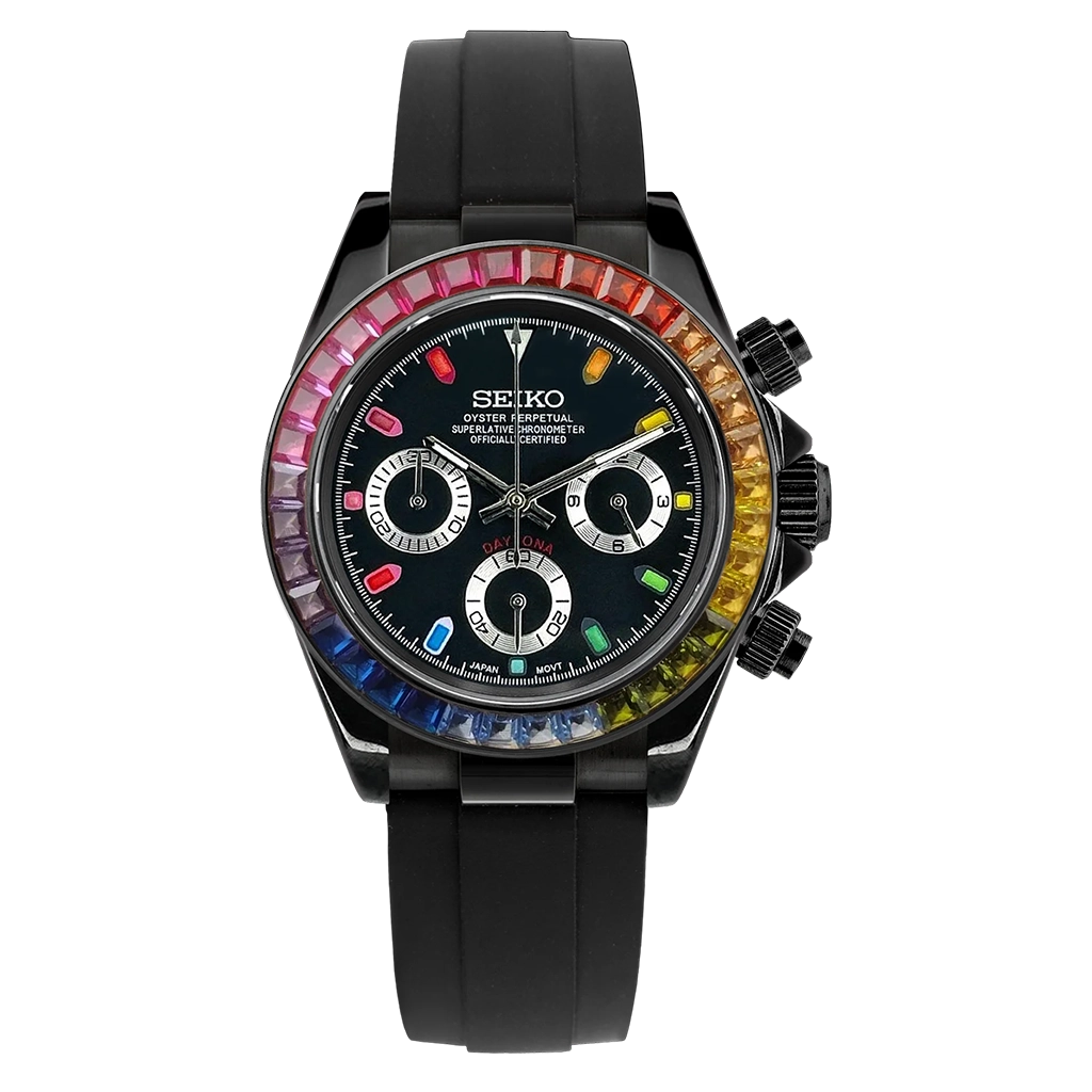 Seiko Mod Daytona – Black – Rainbow Diamond – Chronographe VK63 – Verre Saphir