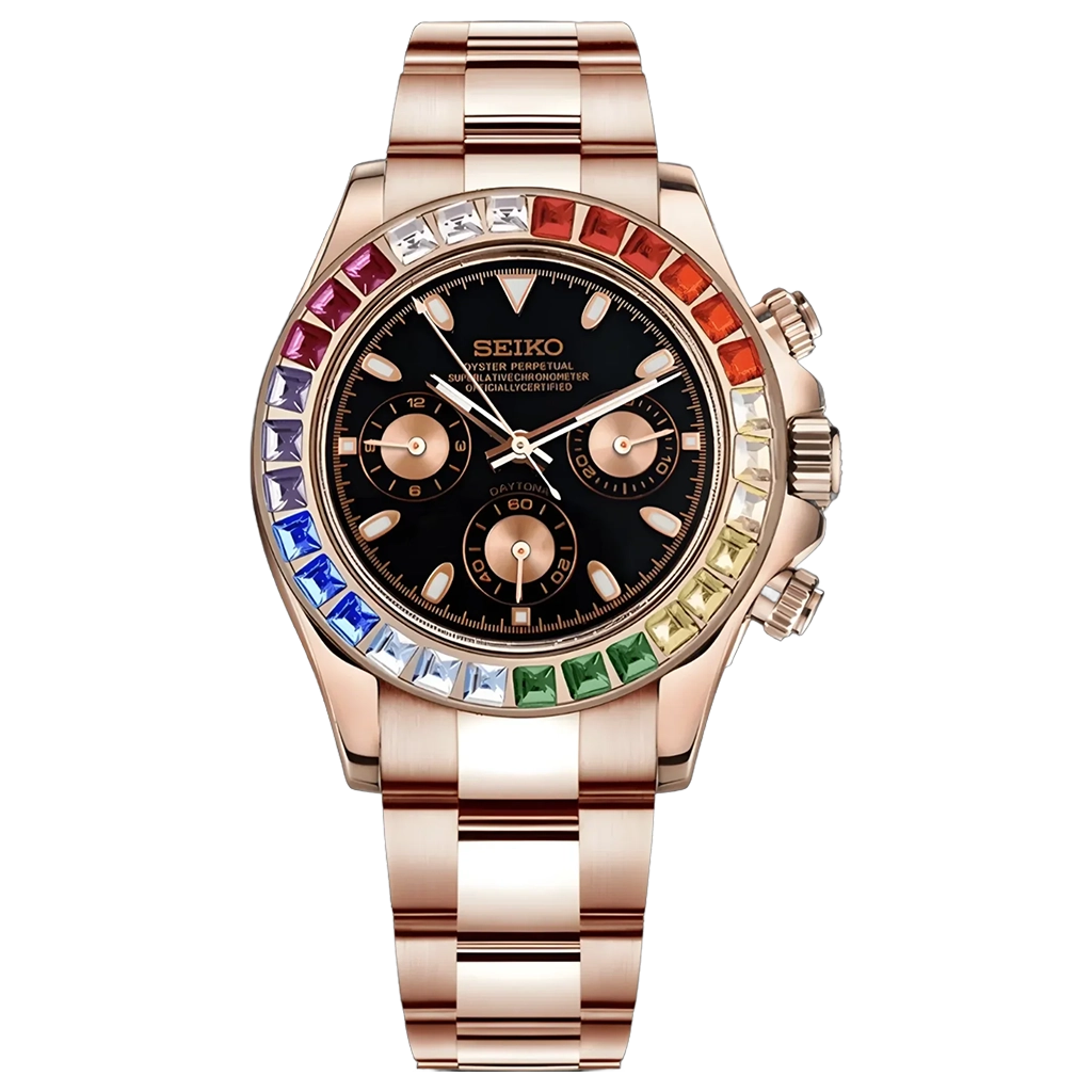 Seiko Mod Daytona – Or Rose – Rainbow Diamond – Chronographe VK63 – Verre Saphir