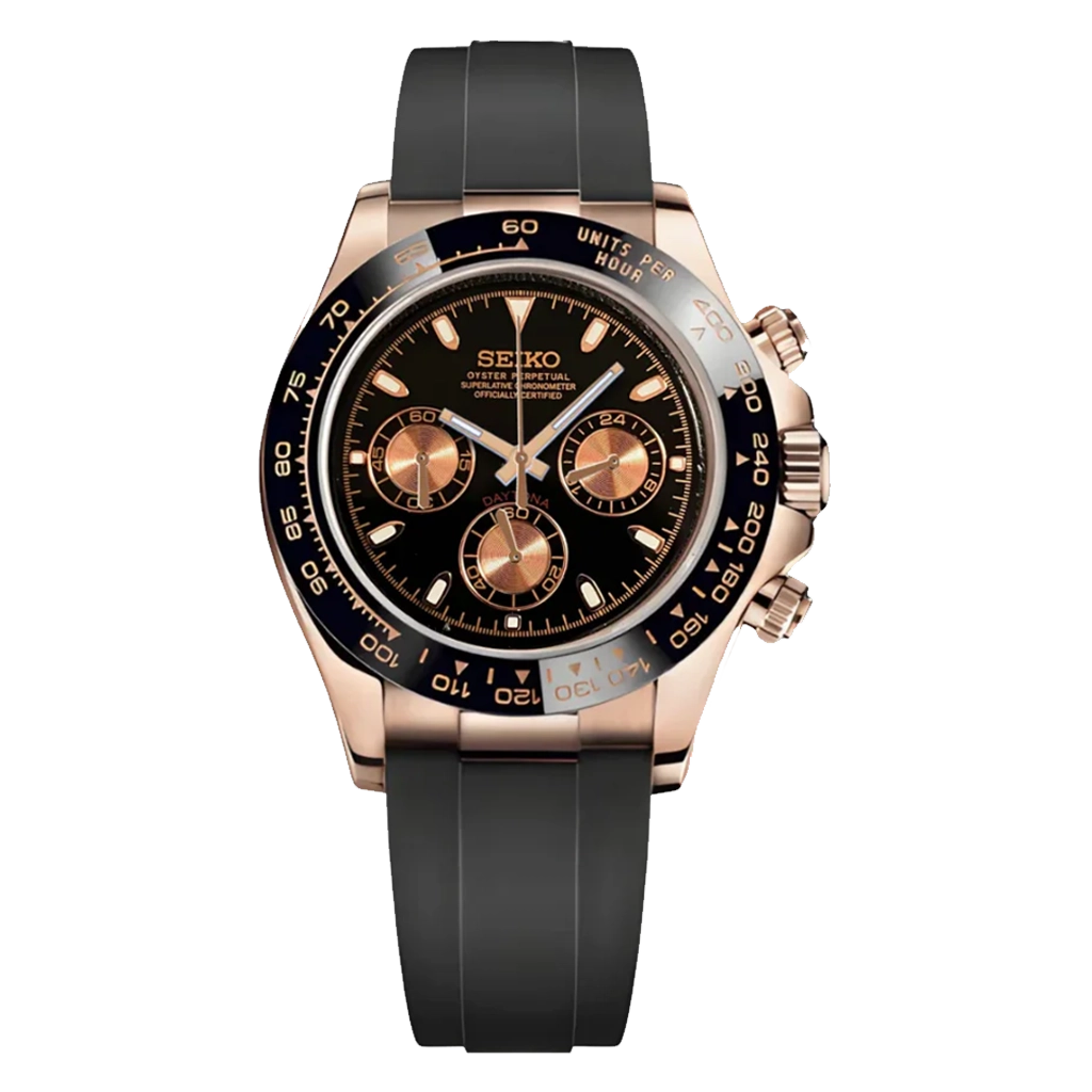 Seiko Mod Daytona – Or Rose & Noir – Chronographe VK63 – Verre Saphir