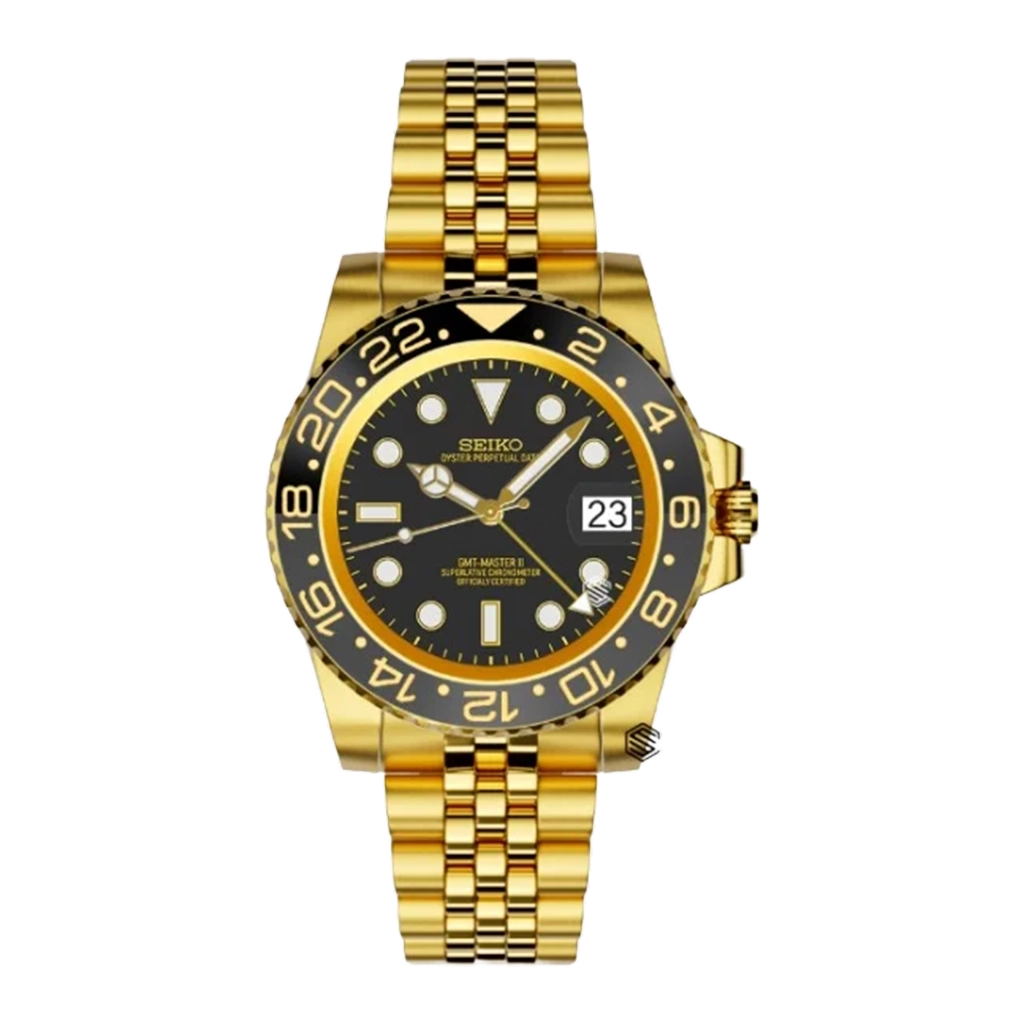 Seiko Mod GMT – Gold & Black – Automatique NH34 – Verre Saphir