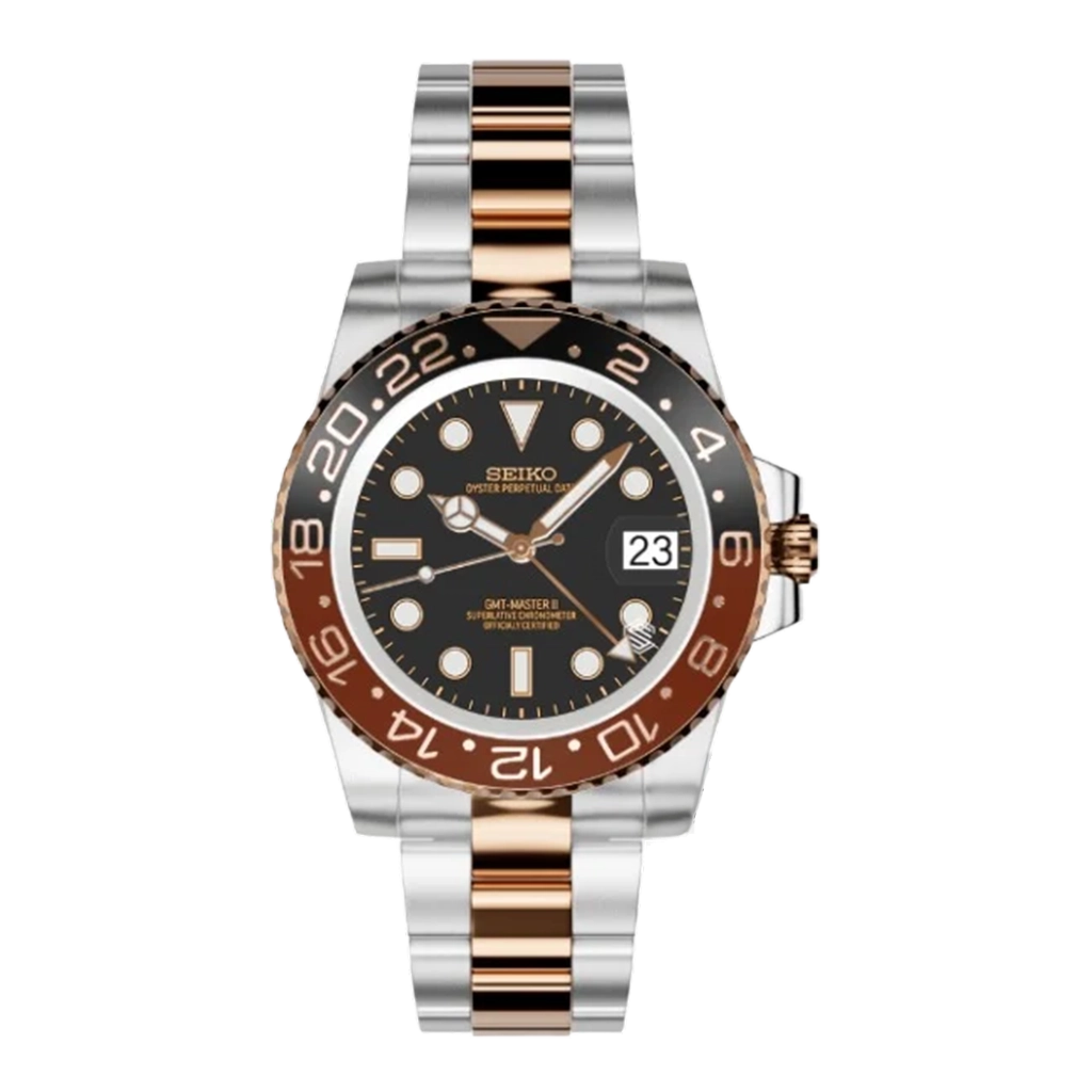 Seiko Mod GMT – Rose Gold Steel – Automatique NH34 – Verre Saphir