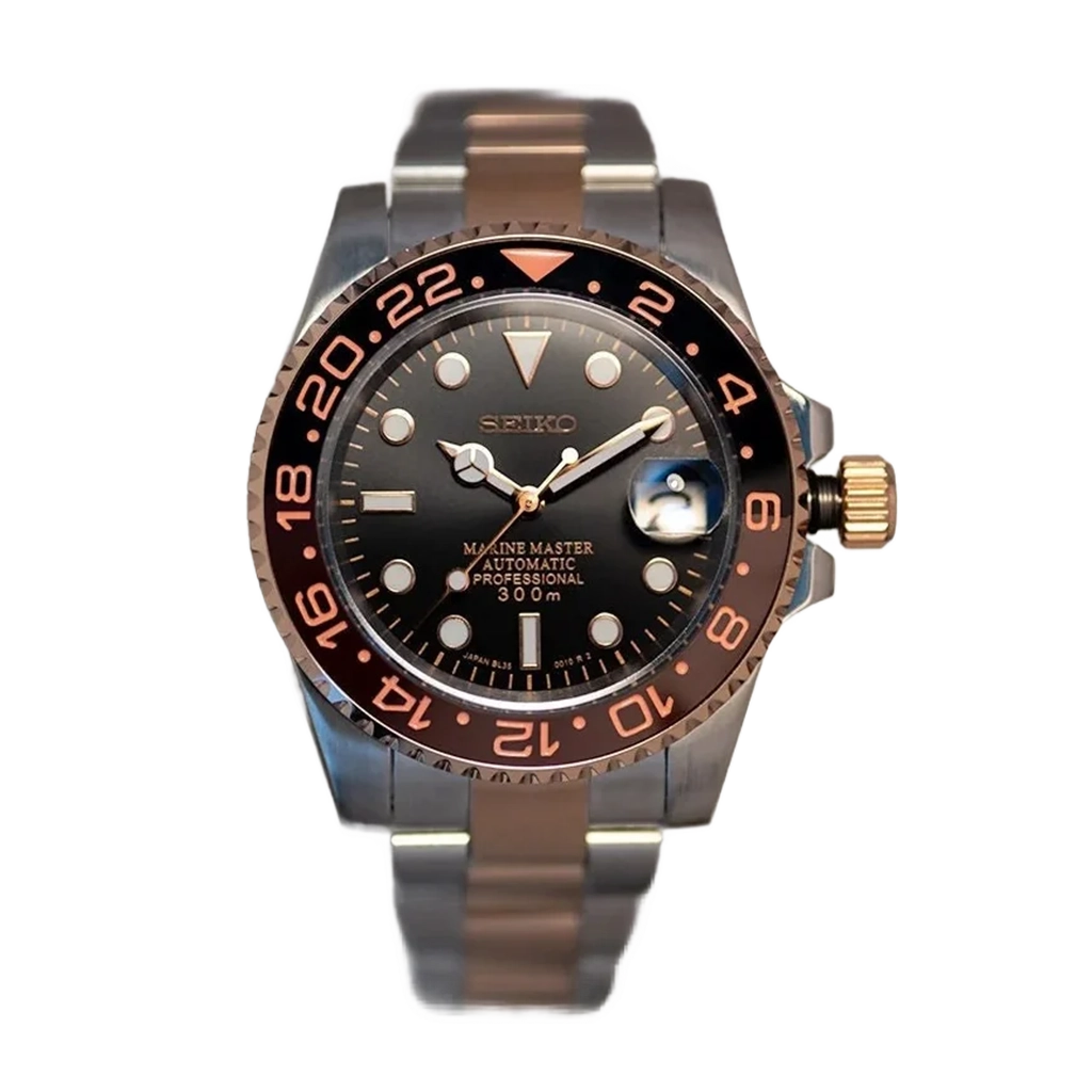 Seiko Mod GMT – Rootbeer – Or Rose & Noir – Automatique NH34 – Verre Saphir
