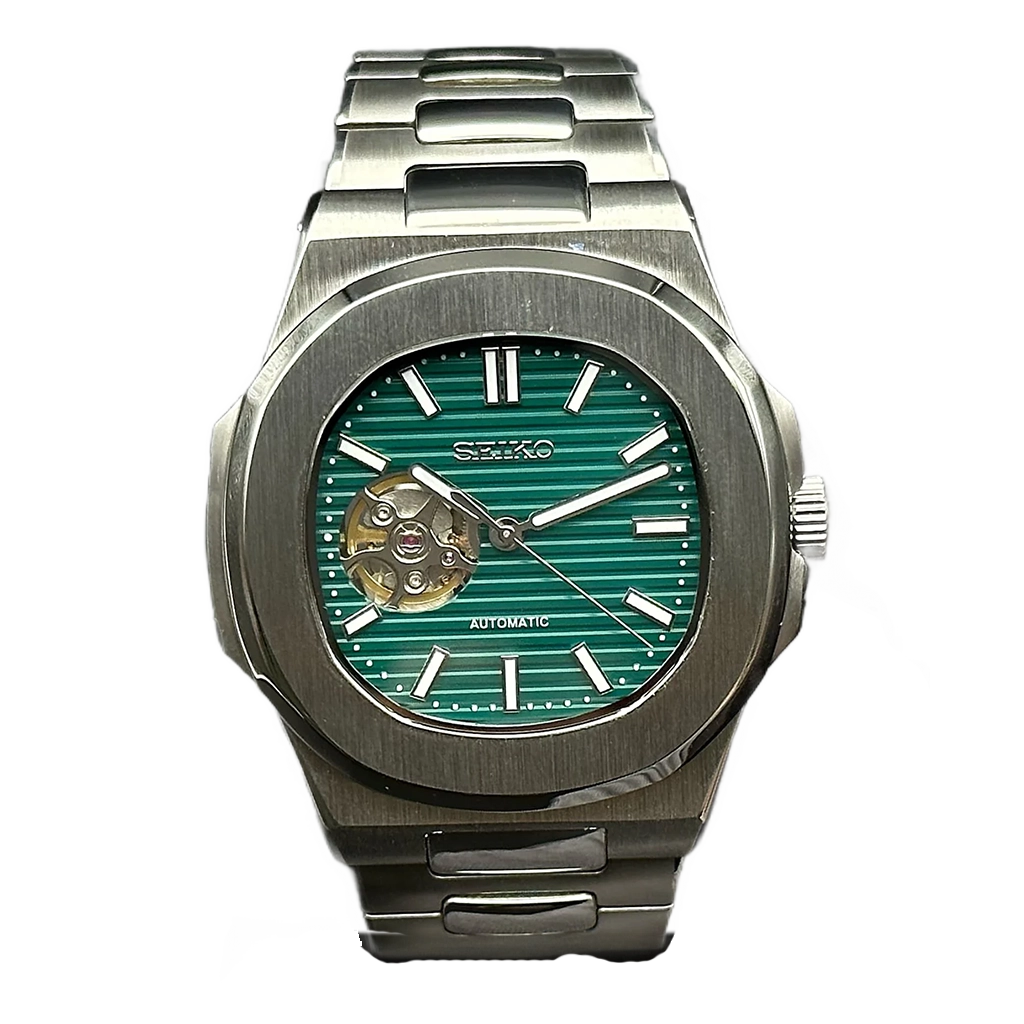 Seiko Mod Nautilus – Cœur Ouvert – Acier – Cadran Vert – Automatique NH38 – Verre Saphir