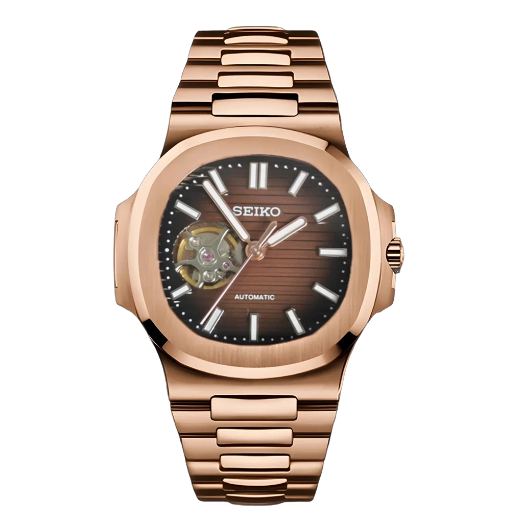 Seiko Mod Nautilus – Cœur Ouvert – Or Rose – Cadran Marron – Automatique NH38 – Verre Saphir