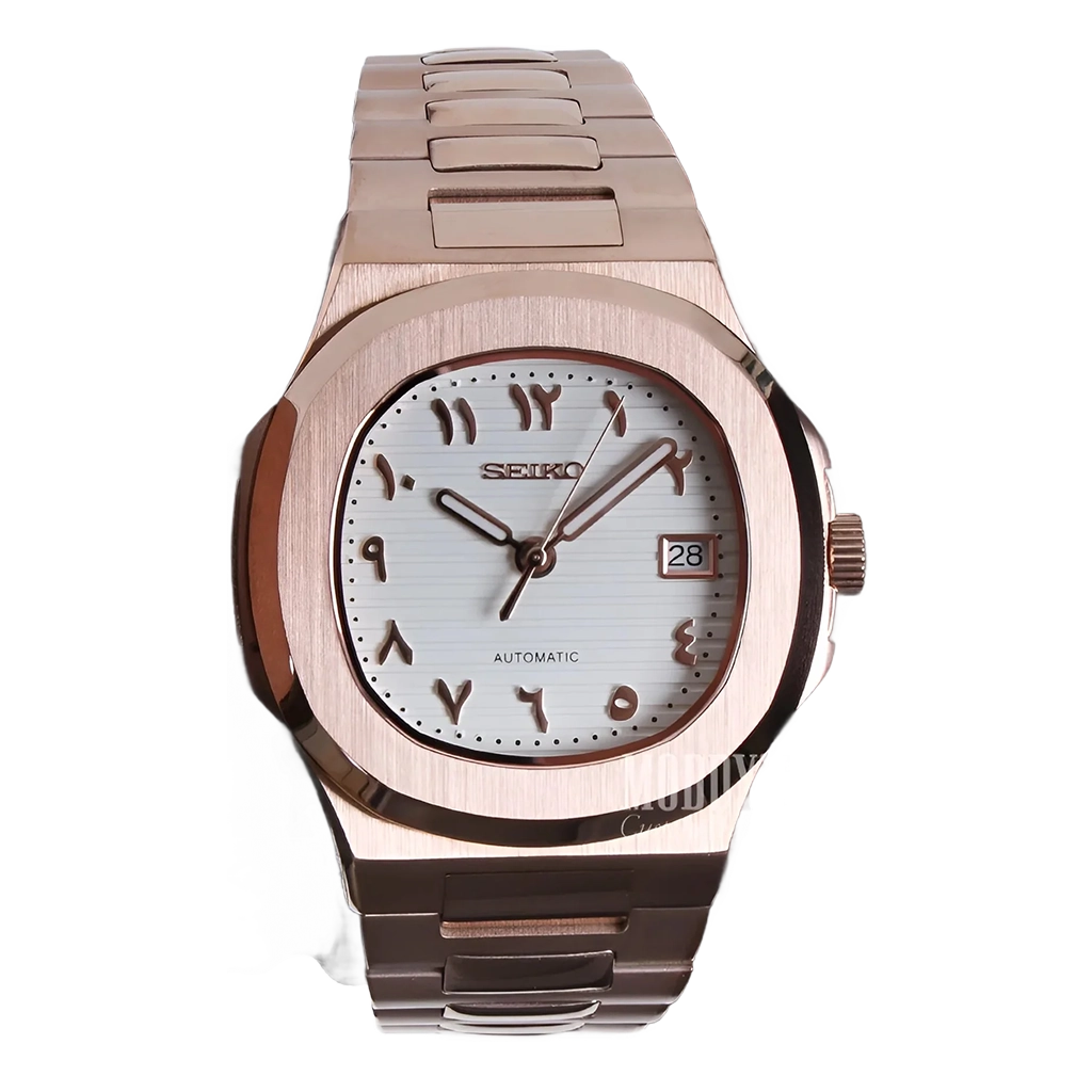 Seiko Mod Nautilus – Or Rose – Cadran Blanc – Automatique NH35 – Verre Saphir