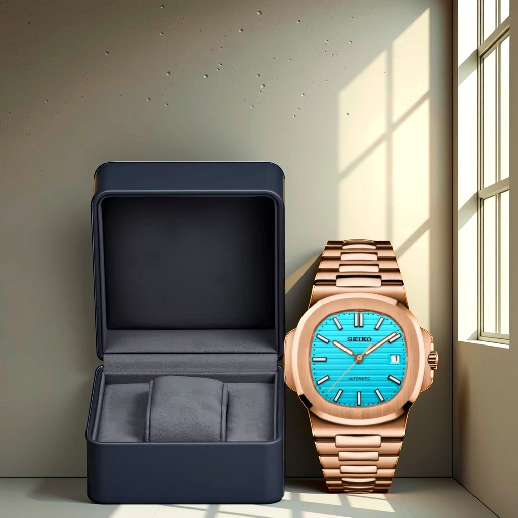 Seiko Mod Nautilus - Or Rose - Cadran Bleu Clair avec boite