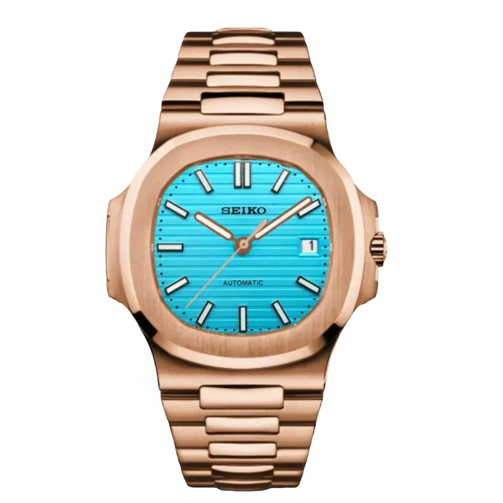 Seiko Mod Nautilus – Or Rose – Cadran Bleu Clair – Automatique NH35 – Verre Saphir