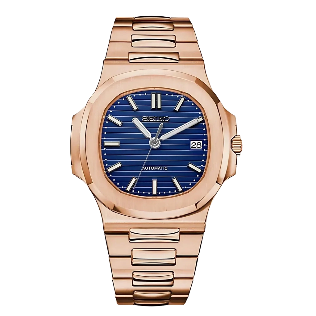 Seiko Mod Nautilus – Or Rose – Cadran Bleu – Automatique NH35 – Verre Saphir