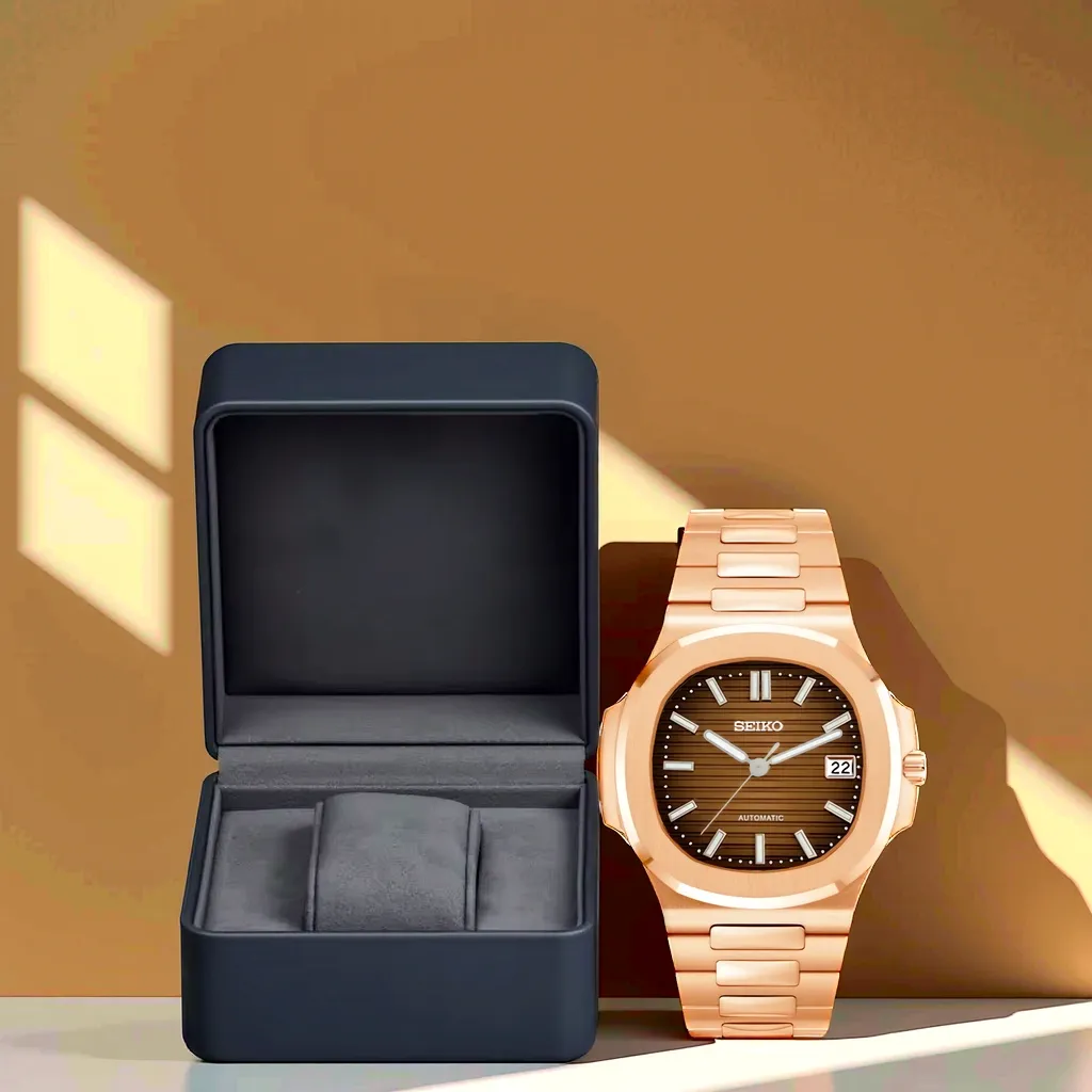 Seiko Mod Nautilus - Or Rose - Cadran Maron avec boite