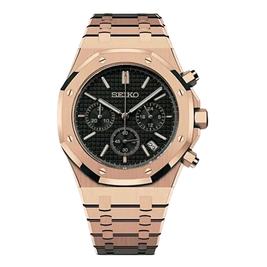 Seiko Mod Royal Oak – Or Rose – Cadran Noir – Chronographe VK63 – Verre Saphir