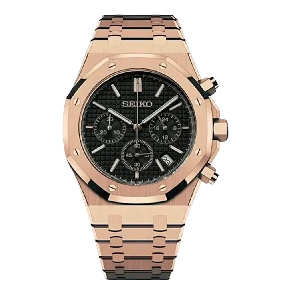 Seiko Mod Royal Oak – Or Rose – Cadran Noir – Chronographe VK63 – Verre Saphir