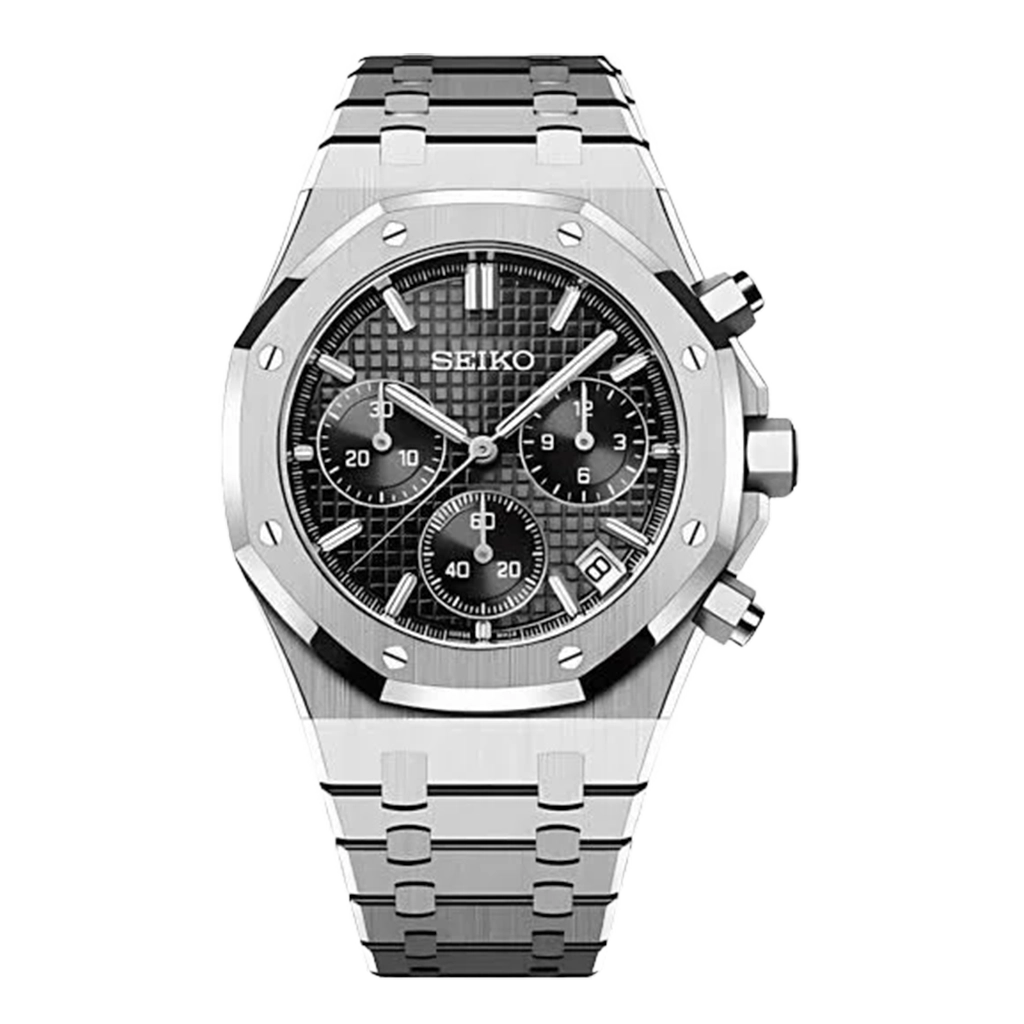 Seiko Mod Royal Oak – Or Rose – Cadran Noir – Chronographe VK63 – Verre Saphir
