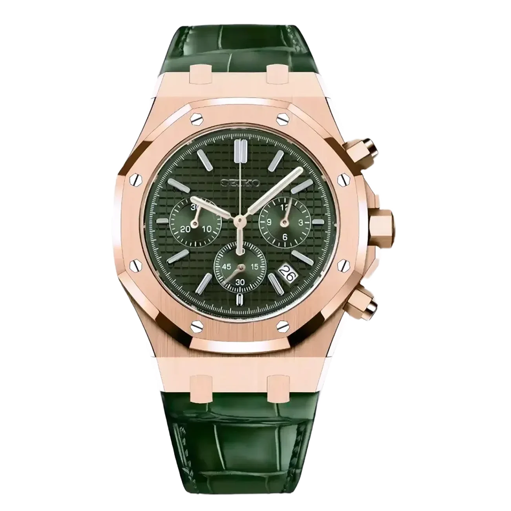 Seiko Mod Royal Oak – Or Rose – Cadran Vert – Bracelet Cuir Vert – Chronographe VK63 – Verre Saphir