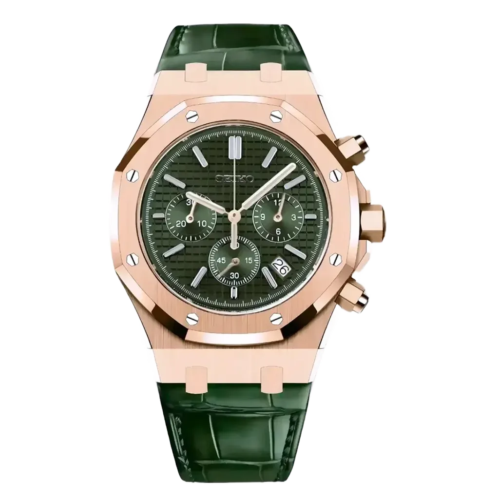 Seiko Mod Royal Oak – Or Rose – Cadran Vert – Bracelet Cuir Vert – Chronographe VK63 – Verre Saphir