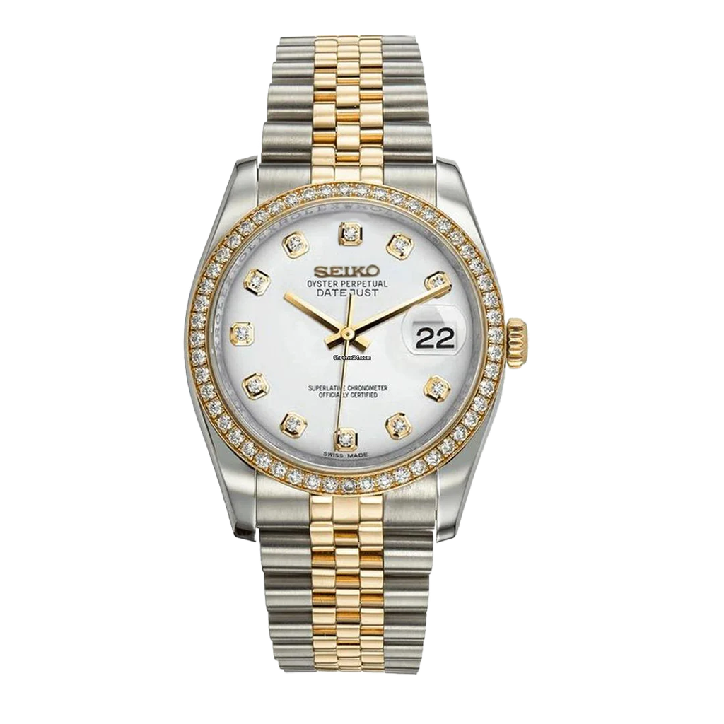 Seiko Mod Datejust – Chiffre Romain – Or & Acier & Diamant – Automatique NH35 – Verre Saphir