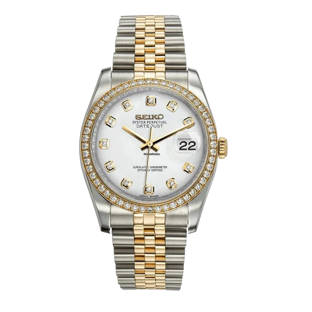 Seiko Mod Datejust – Chiffre Romain – Or & Acier & Diamant – Automatique NH35 – Verre Saphir