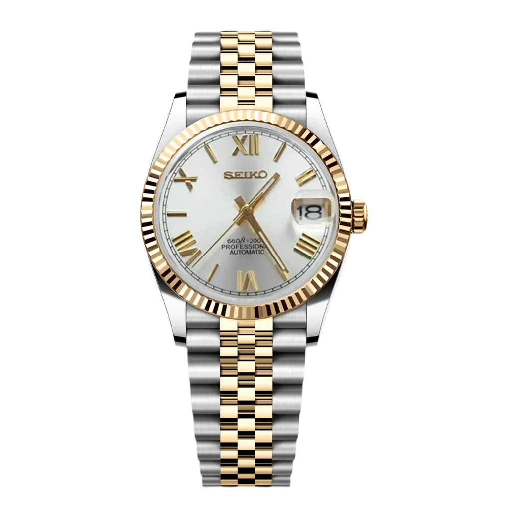 Seiko Mod Datejust – Chiffre Romain – Or & Acier – Automatique NH35 – Verre Saphir
