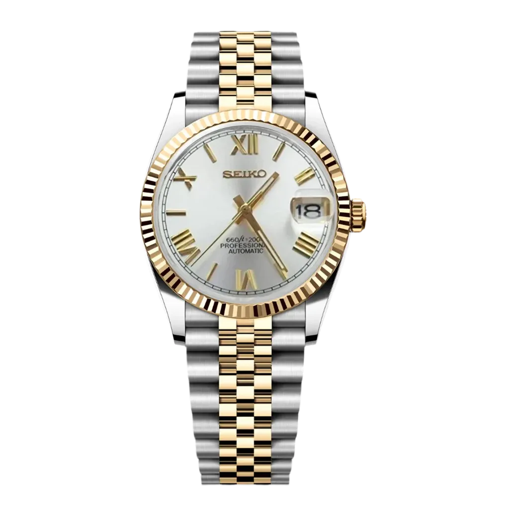 Seiko Mod Datejust – Chiffre Romain – Or & Acier – Automatique NH35 – Verre Saphir