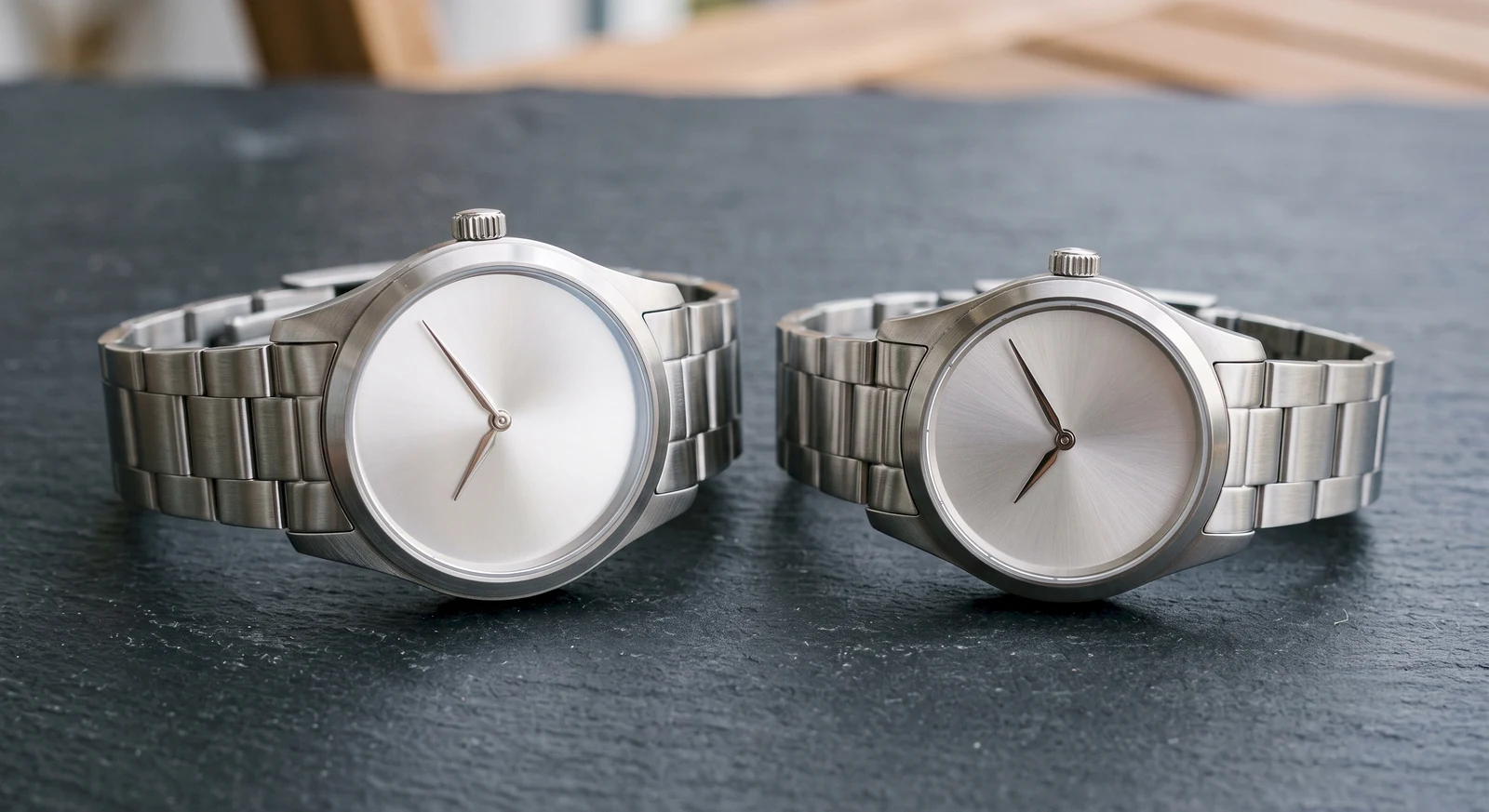 Deux montres bracelet en acier posées côte à côte sur fond sombre