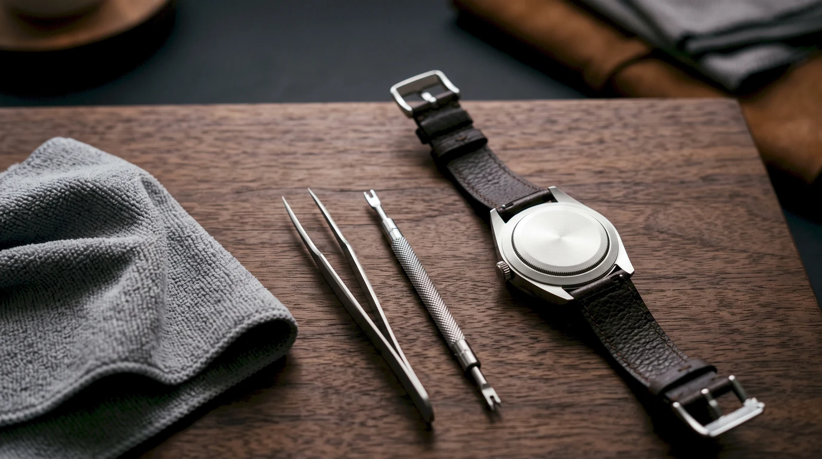 Outils d'horloger et chiffon pour l'entretien d'une montre automatique